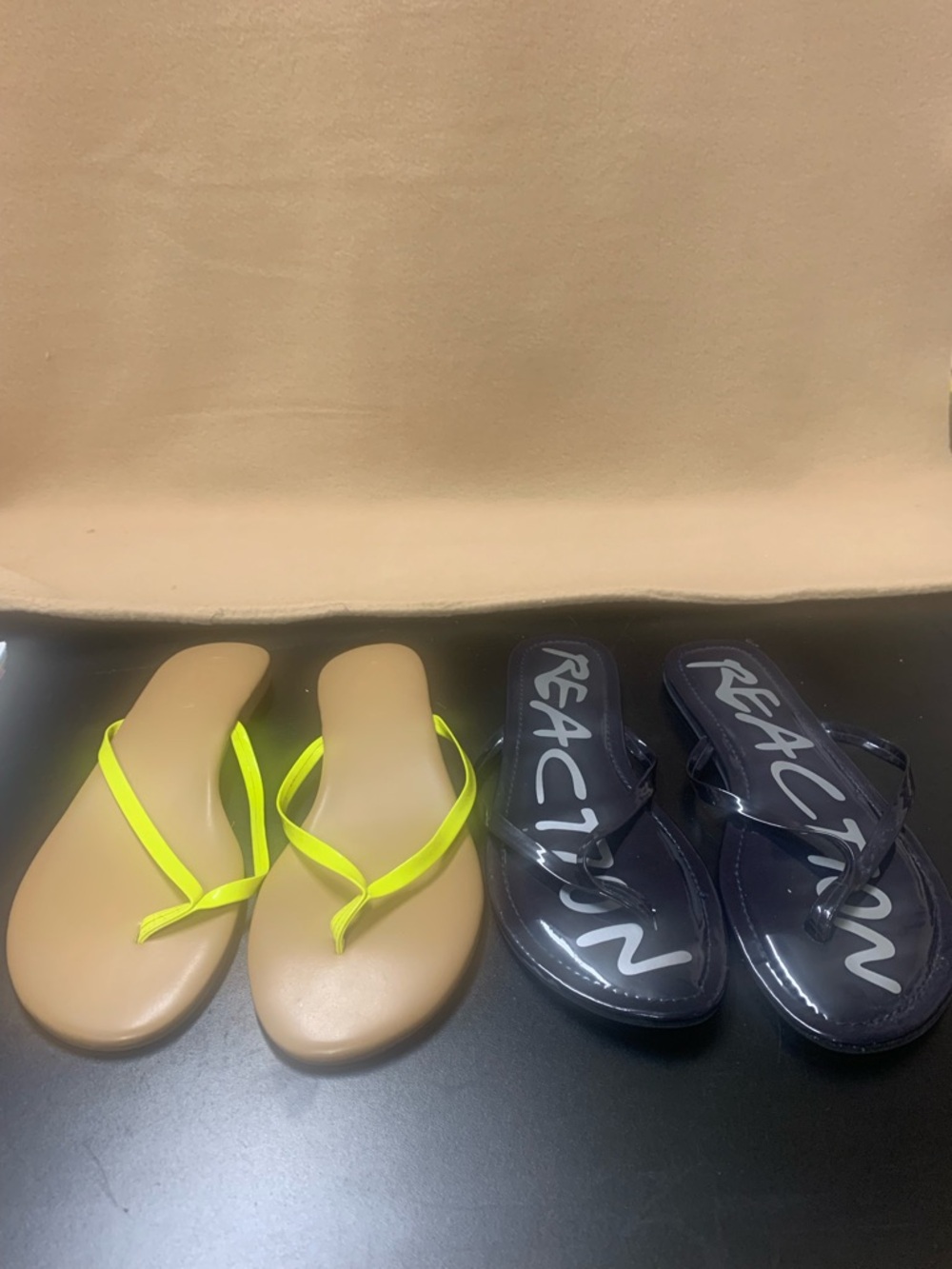 Kenneth Cole Reaction black Strap and yellow Scoop NYC Flip Flops